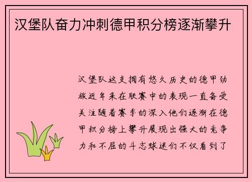 汉堡队奋力冲刺德甲积分榜逐渐攀升