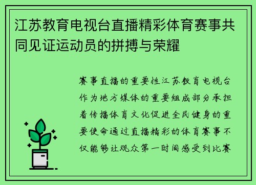 江苏教育电视台直播精彩体育赛事共同见证运动员的拼搏与荣耀